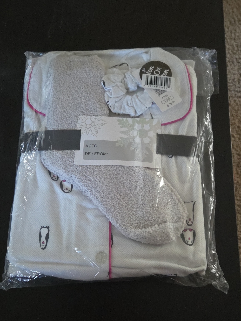 4 piece Women’s White Pajama Set with Pink Trim and Penguin Print